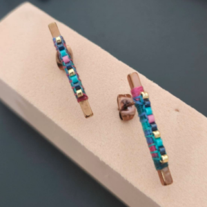 Light Blue Multicolor Beaded Bar Stud Earrings