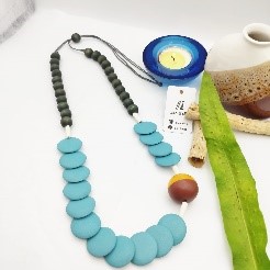 Blue Wood Disc Statement Necklace
