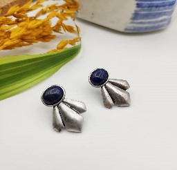 Silver Blue Stone Fan Stud Earrings