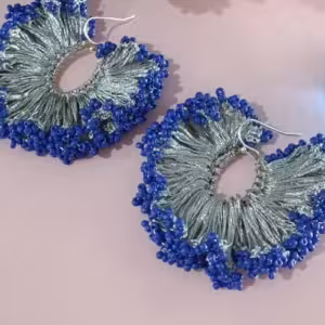 Blue Silver Beaded Fringe Earrings