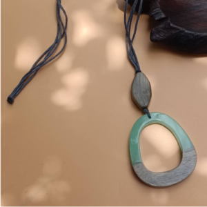 Blue Green Oval Wood Necklace