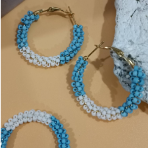 Blue White Beaded Hoop Earrings