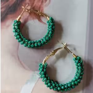 Green Beaded Hoop Earrings