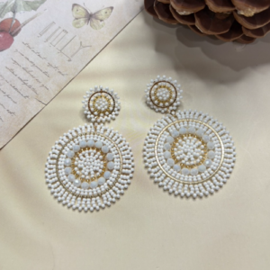 White Gold Round Beaded Statement Earrings