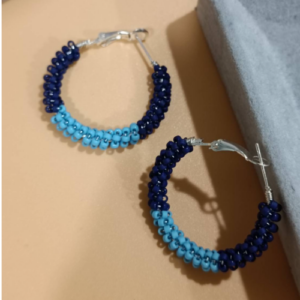 Dark Blue Beaded Hoop Earrings