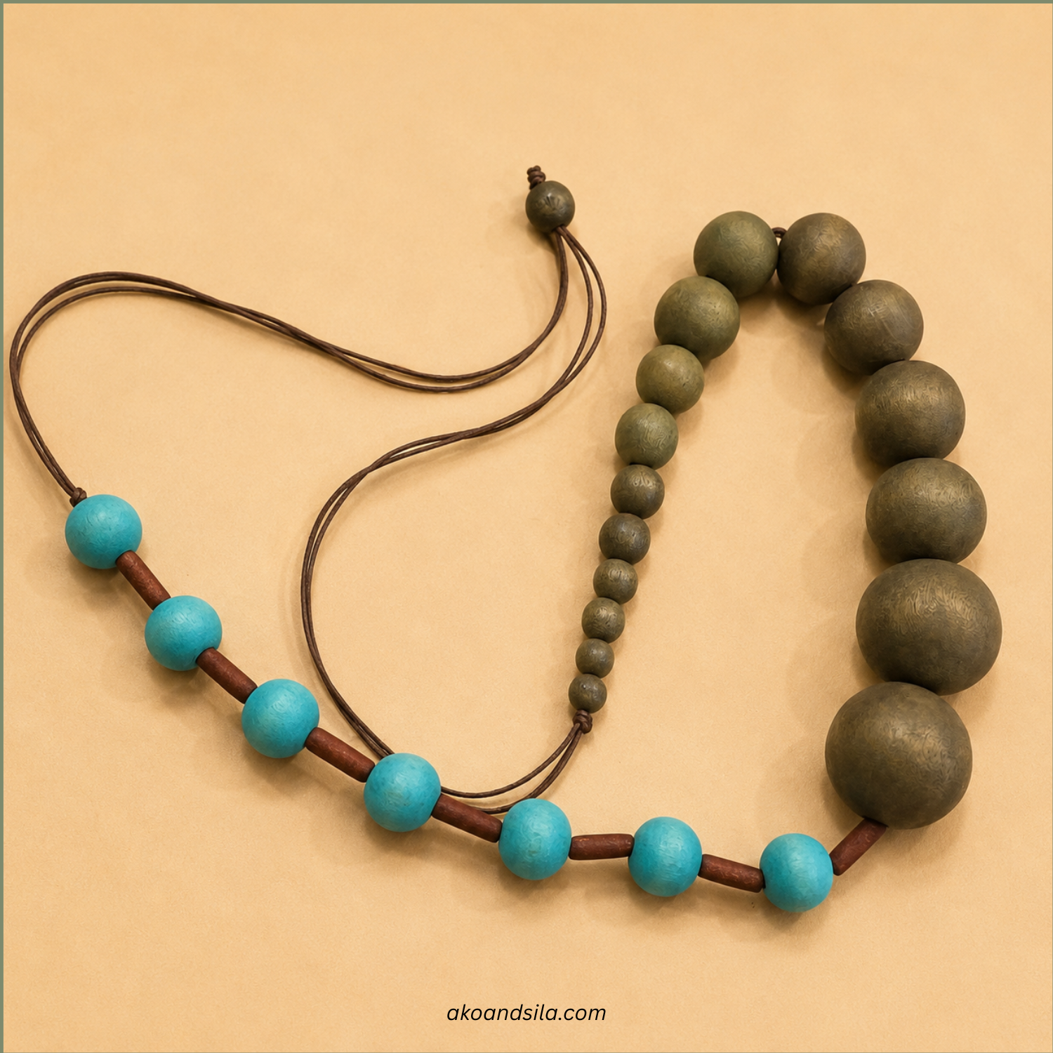 Olive Aqua Wood Bead Necklace - Image 2