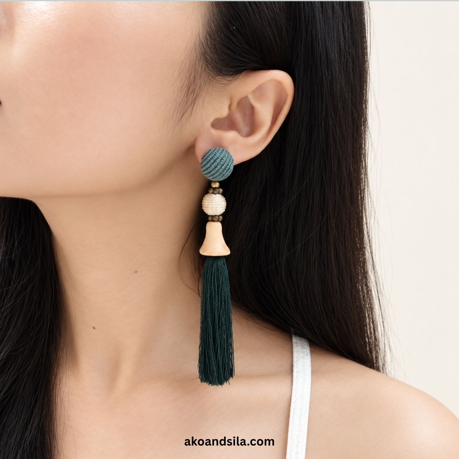 Teal Tassel Cloth Earrings - Image 2