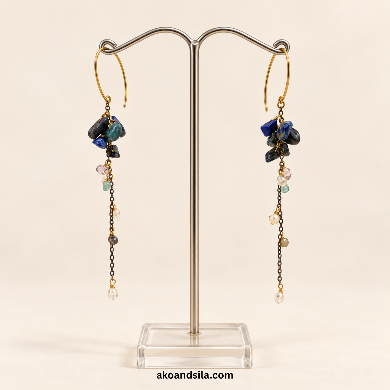 Deep Blue Crystal Tassel Earrings - Image 3