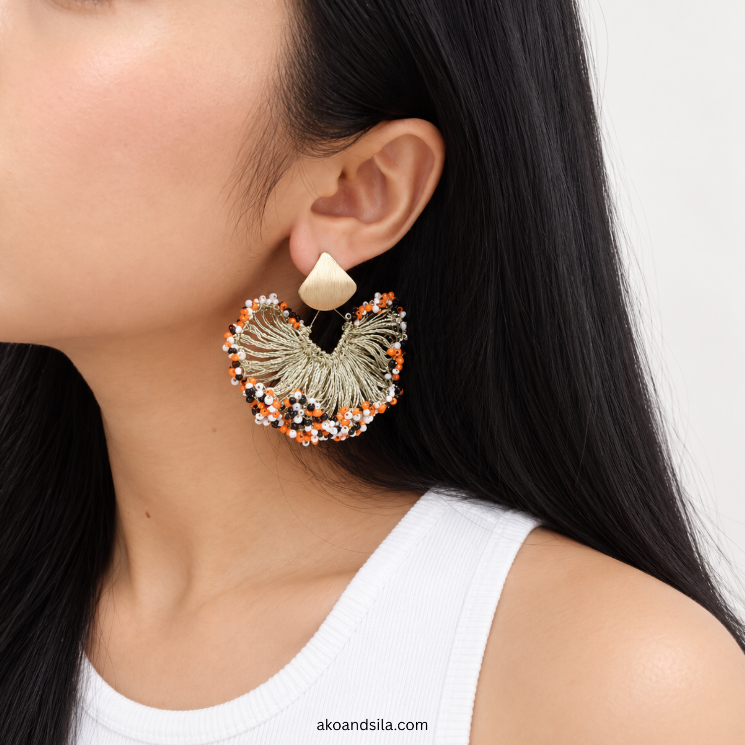 Orange Fringe Fan Earrings - Image 2