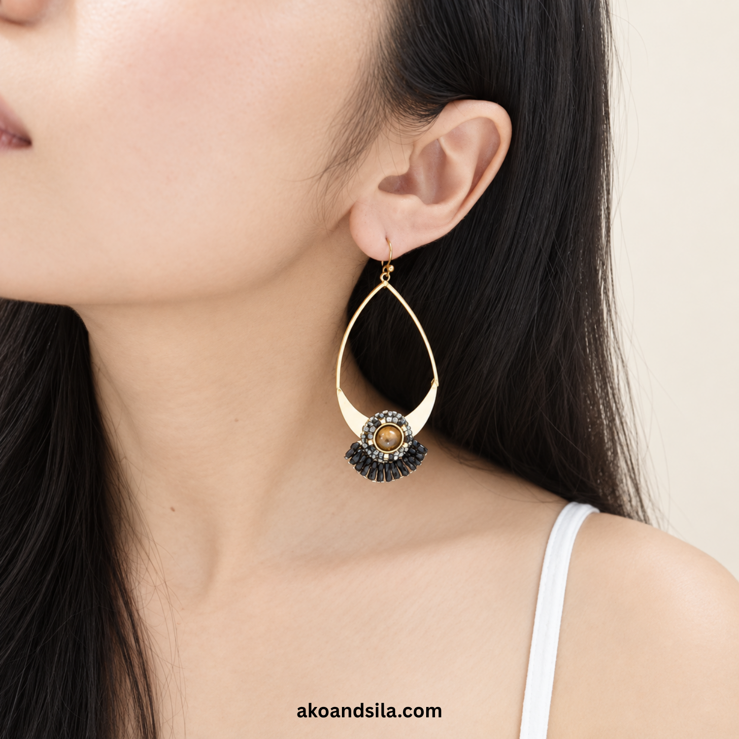 Black Crystal Beaded Teardrop Earrings - Image 3