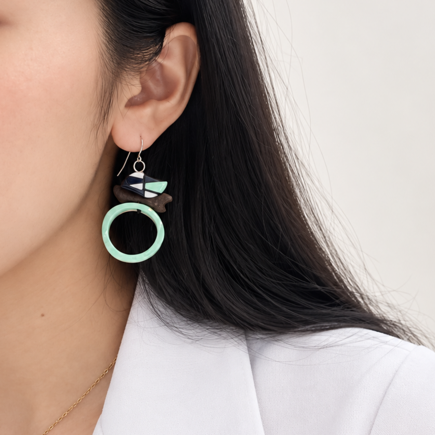 Aqua Ring Geometric Wood Earrings - Image 2