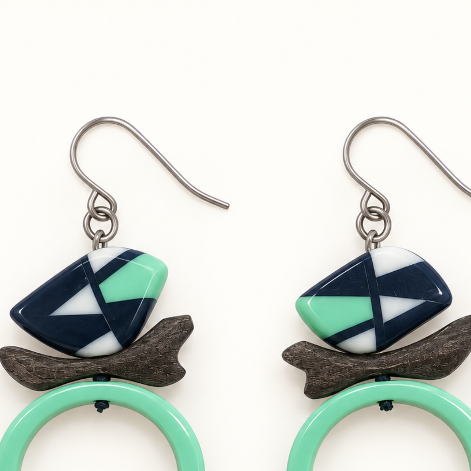 Aqua Ring Geometric Wood Earrings - Image 4