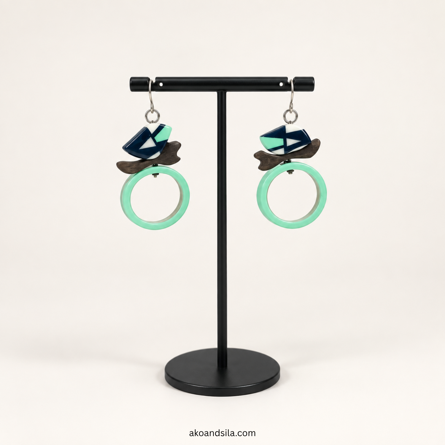 Aqua Ring Geometric Wood Earrings - Image 3