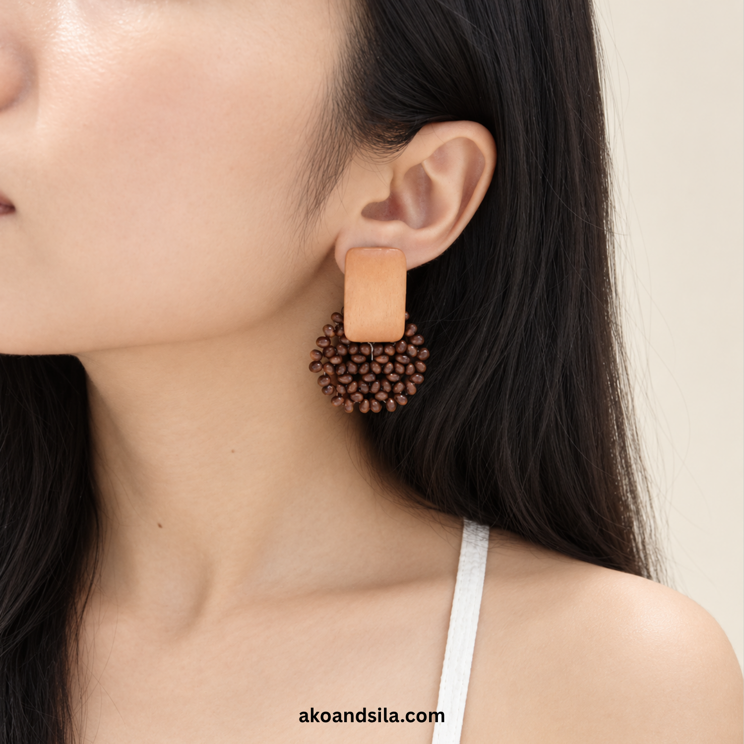 Brown Beaded Fan Earrings - Image 2