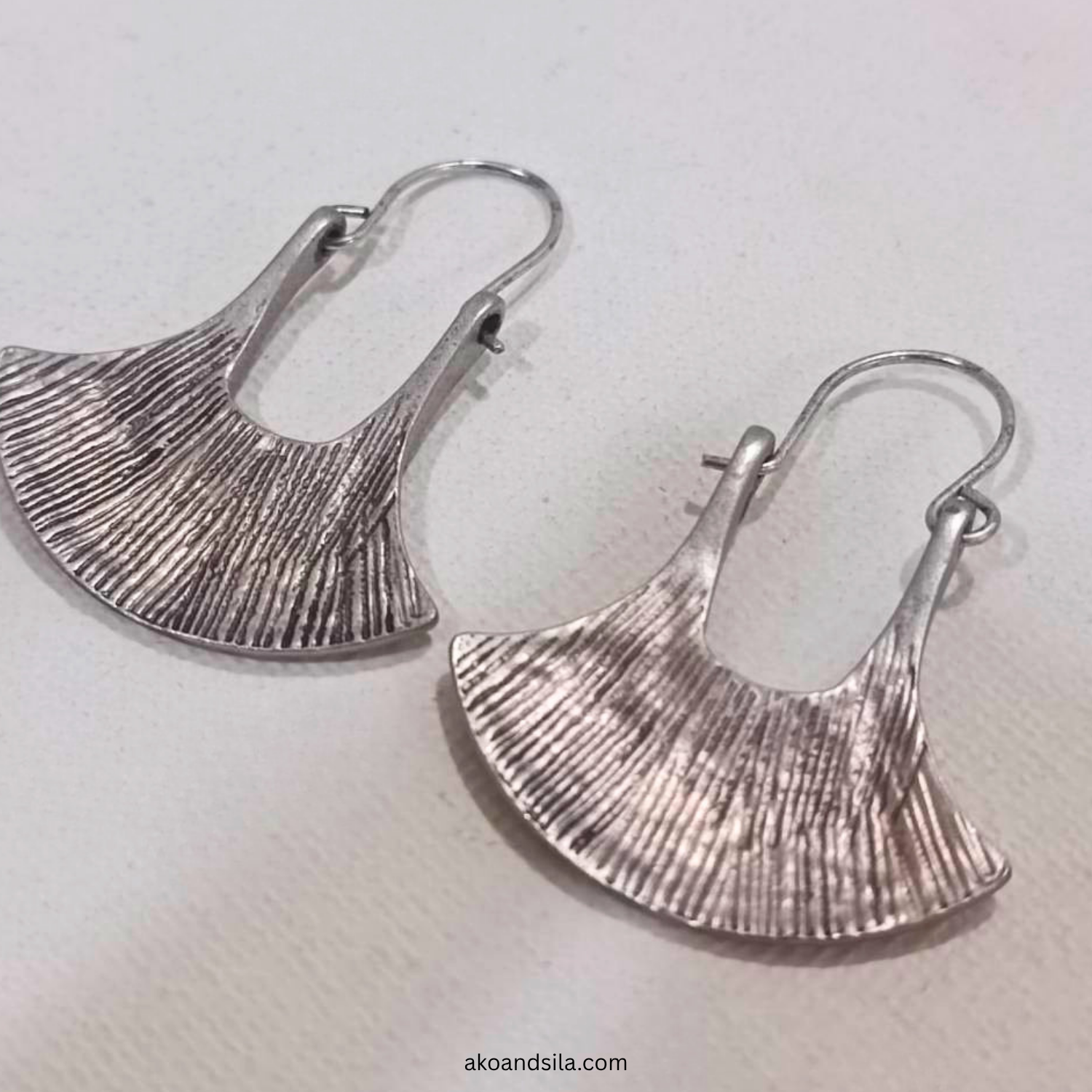 Silver Textured Fan Earrings - Image 4