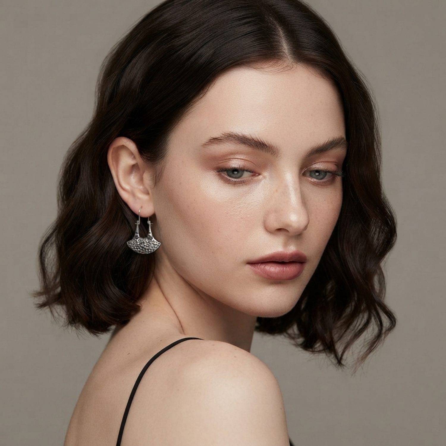 Silver Textured Fan Earrings - Image 2