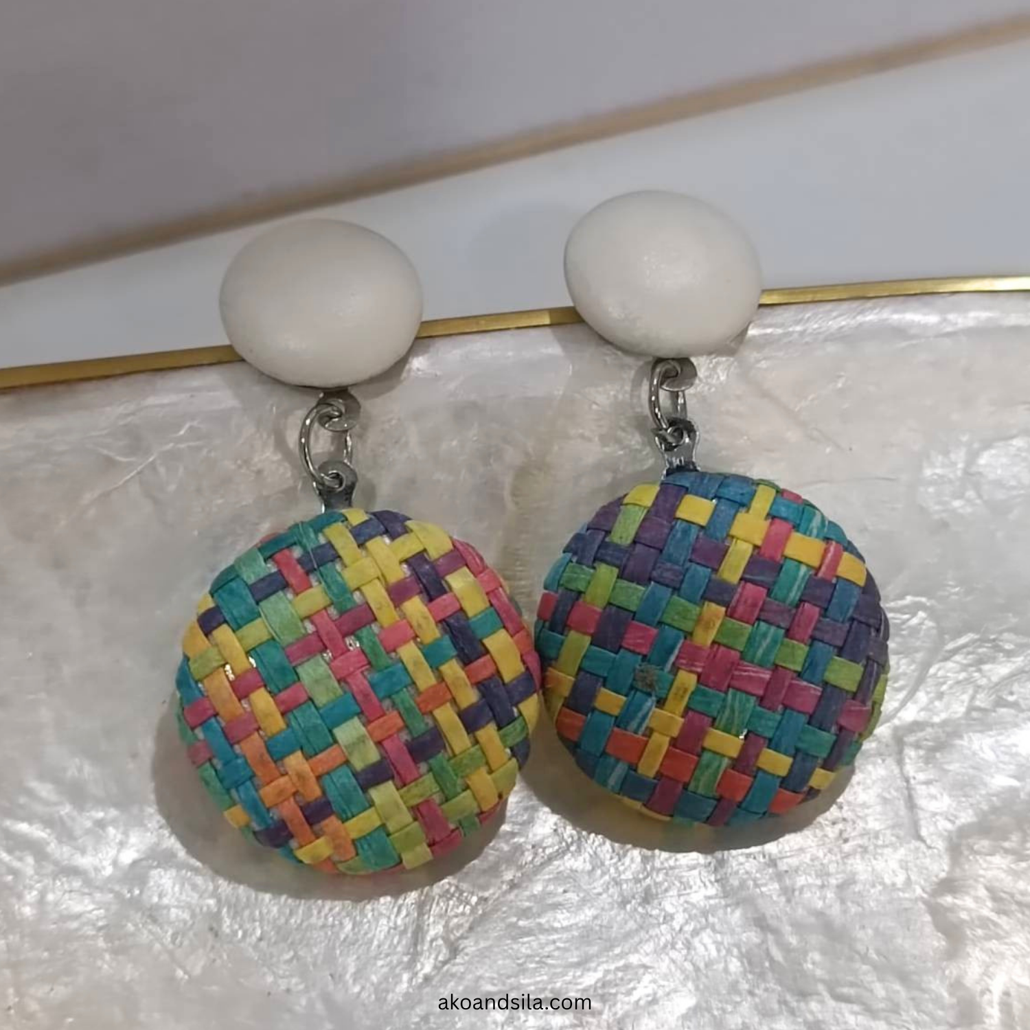 Multicolor Woven Disc Earrings - Image 4