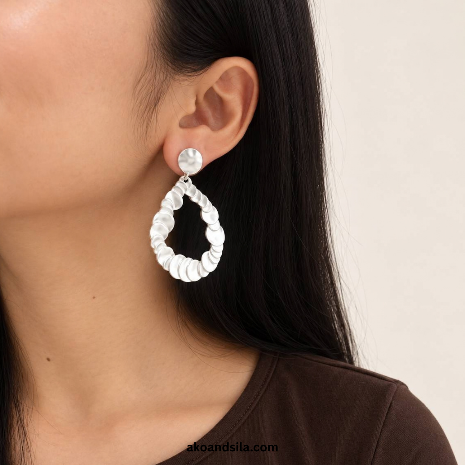 Silver Scalloped Teardrop Earrings - Image 2