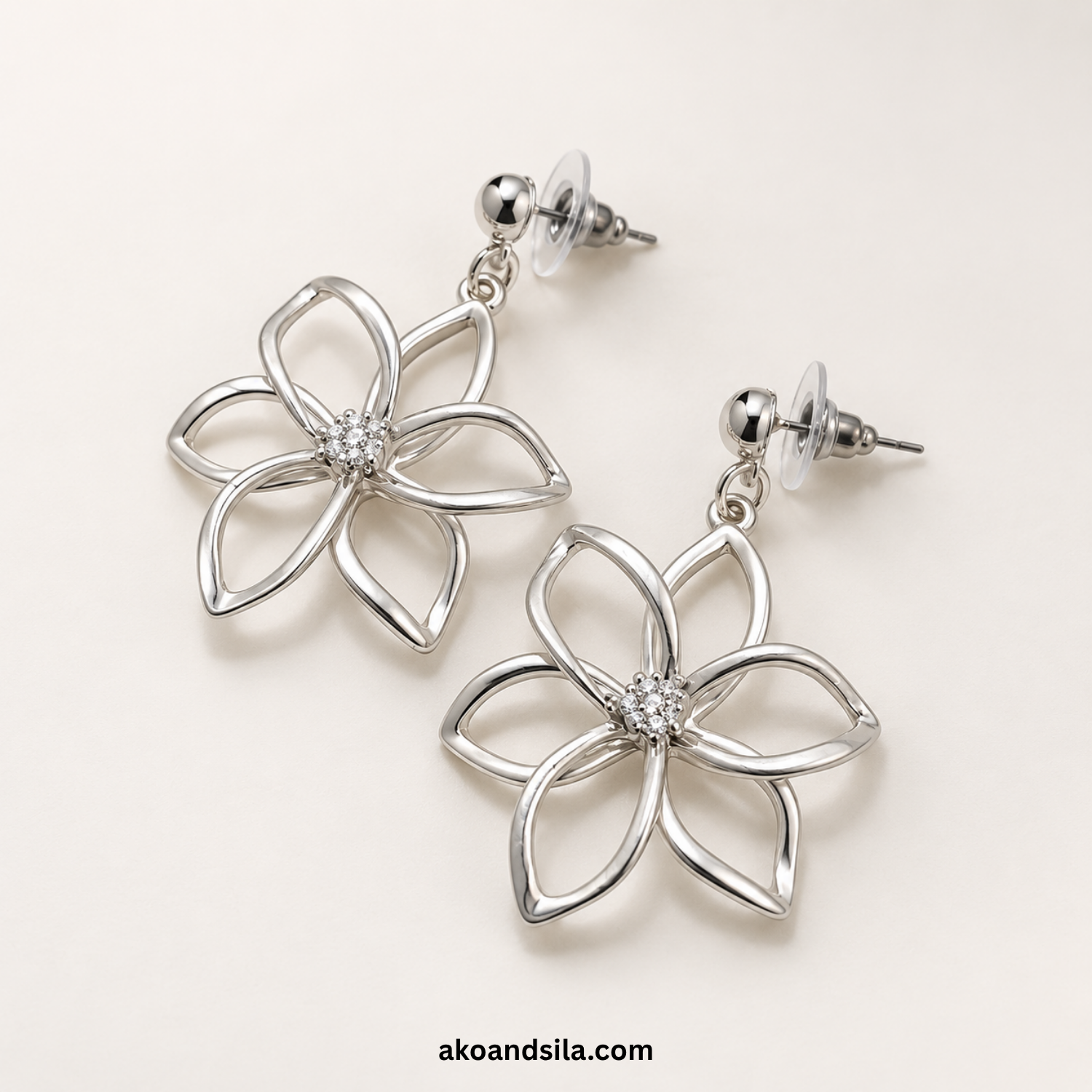 Silver Floral Outline Earrings - Image 4