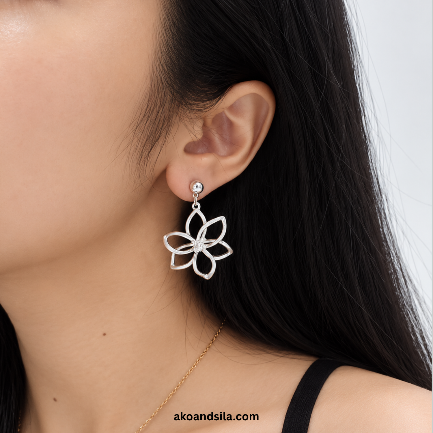 Silver Floral Outline Earrings - Image 2