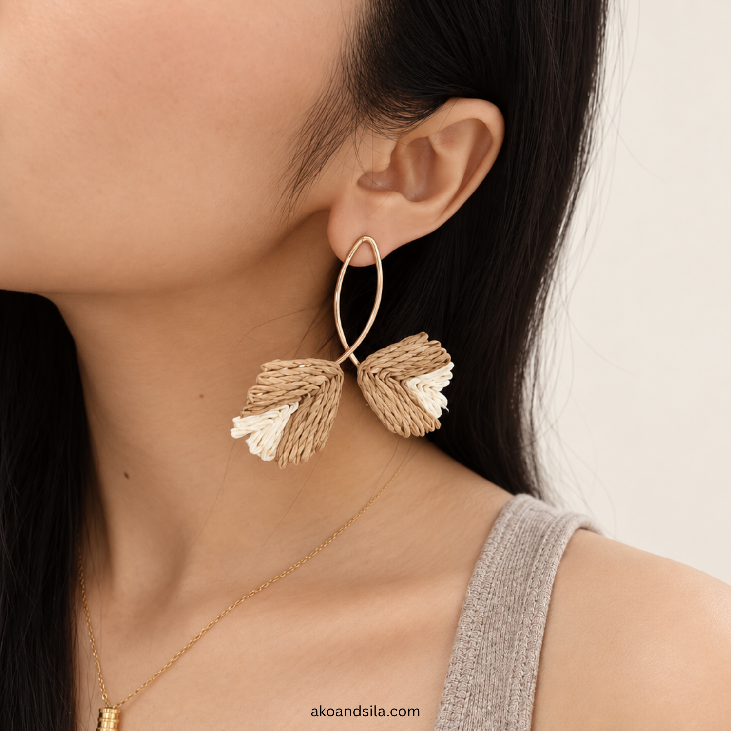Natural Paper Leaf Tassel Earrings - Image 2