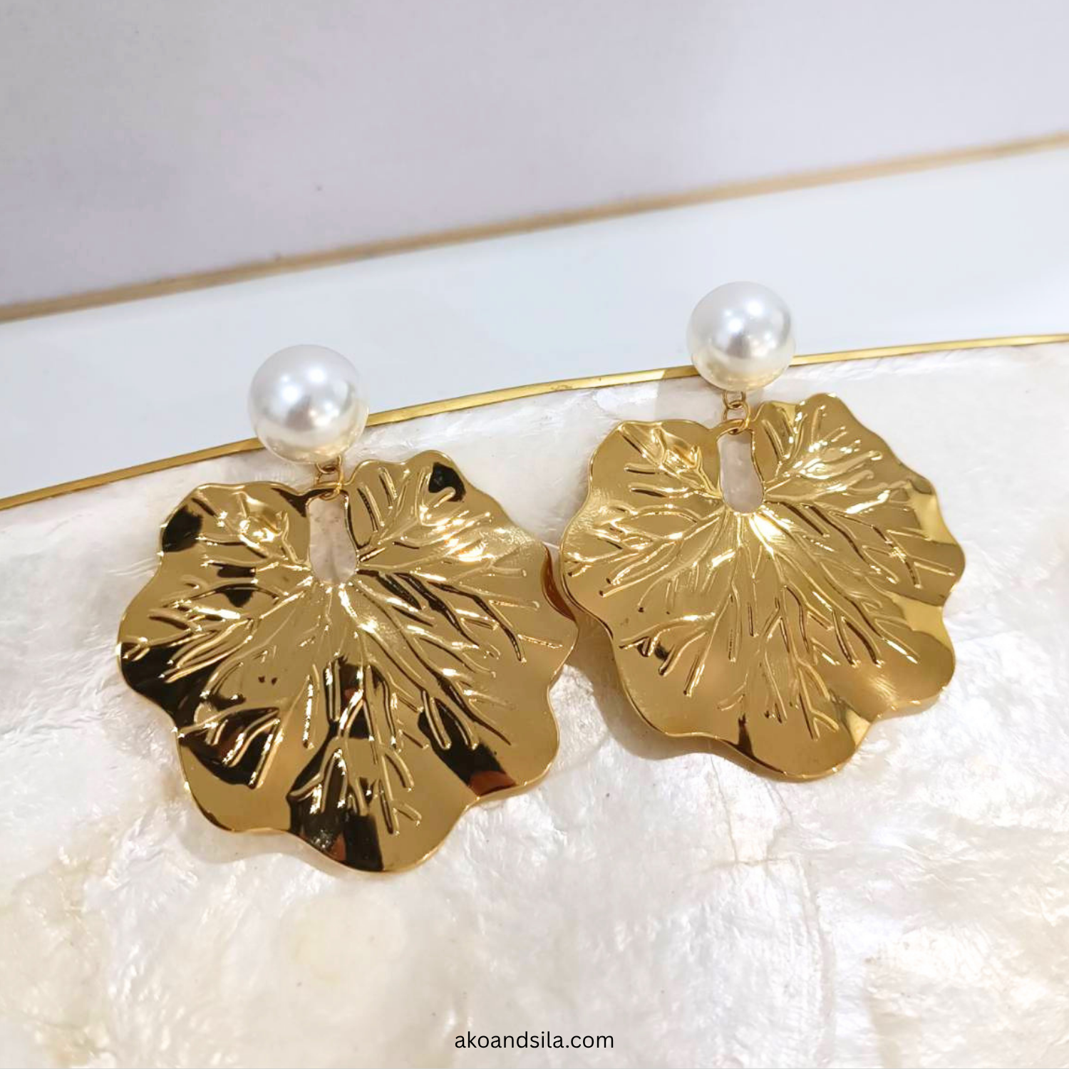 Golden Floral Drop Earrings - Image 3