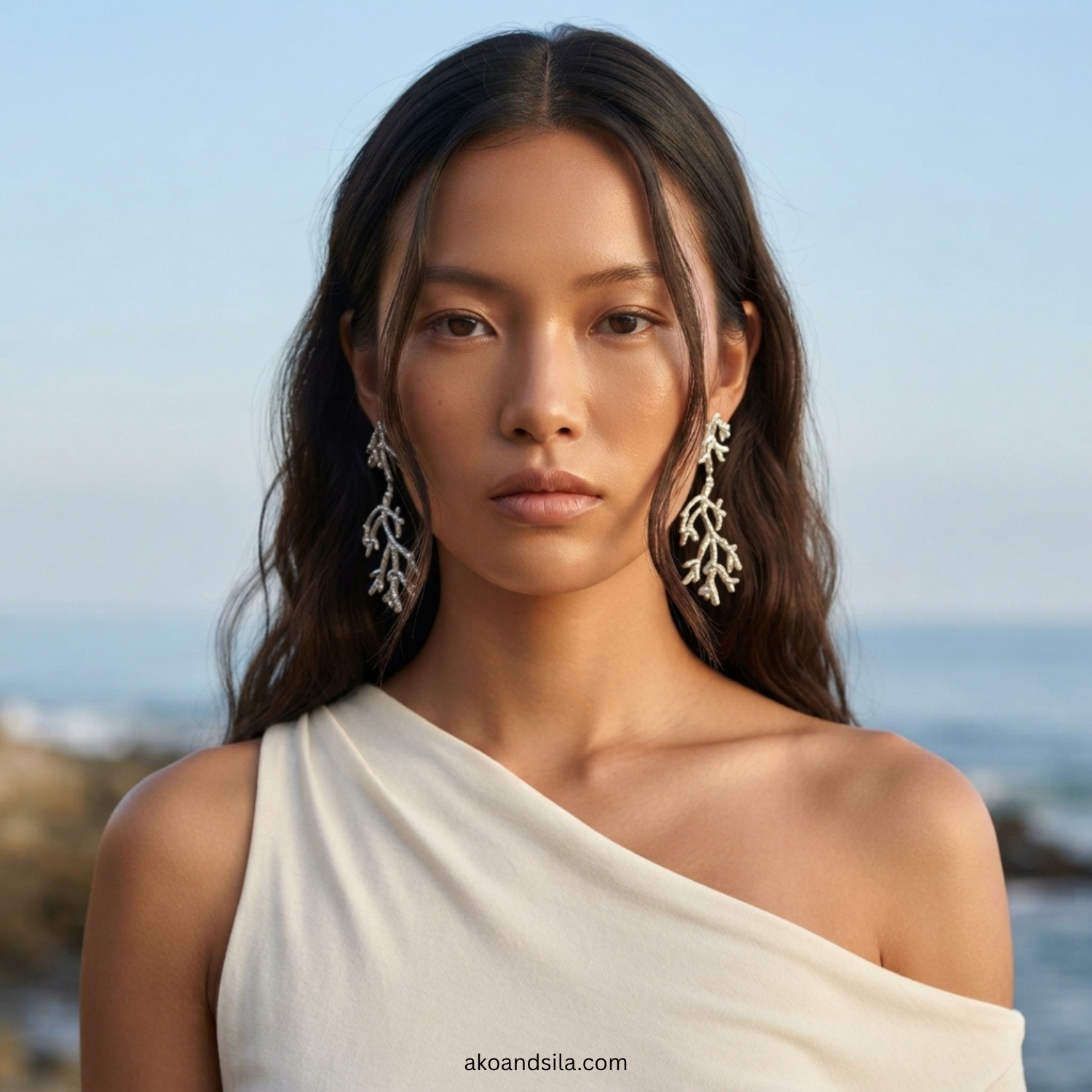 Silver Leaf Branch Drop Earrings - Image 2