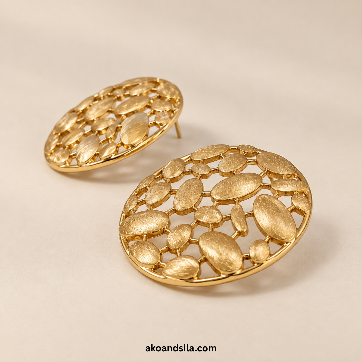 Golden Pebble Disc Stud Earrings - Image 4