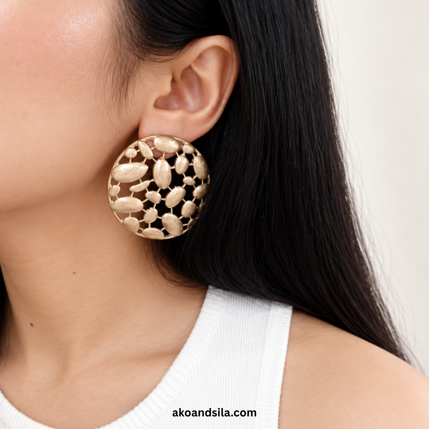Golden Pebble Disc Stud Earrings - Image 2