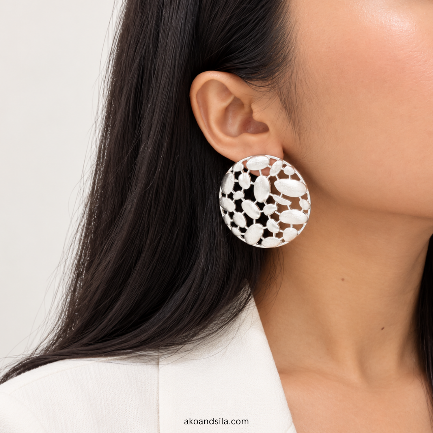 Silver Pebble Disc Stud Earrings - Image 2