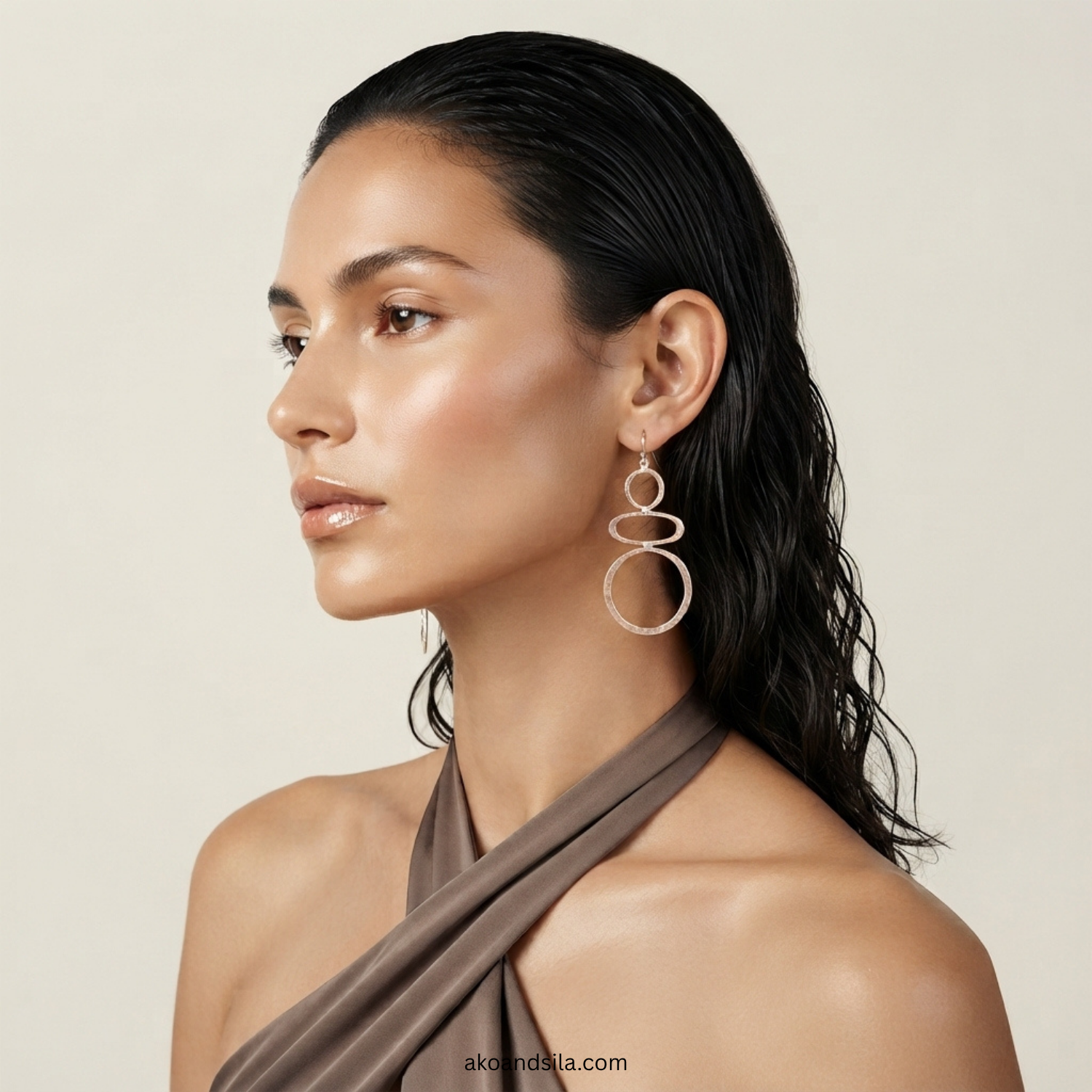 Golden Triple Circle Drop Earrings - Image 2