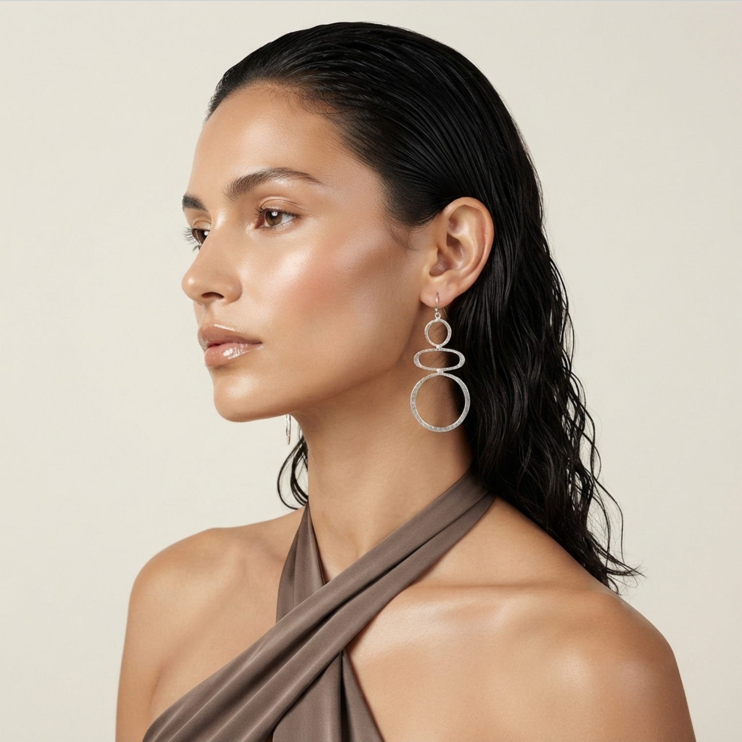 Silver Triple Circle Drop Earrings - Image 2