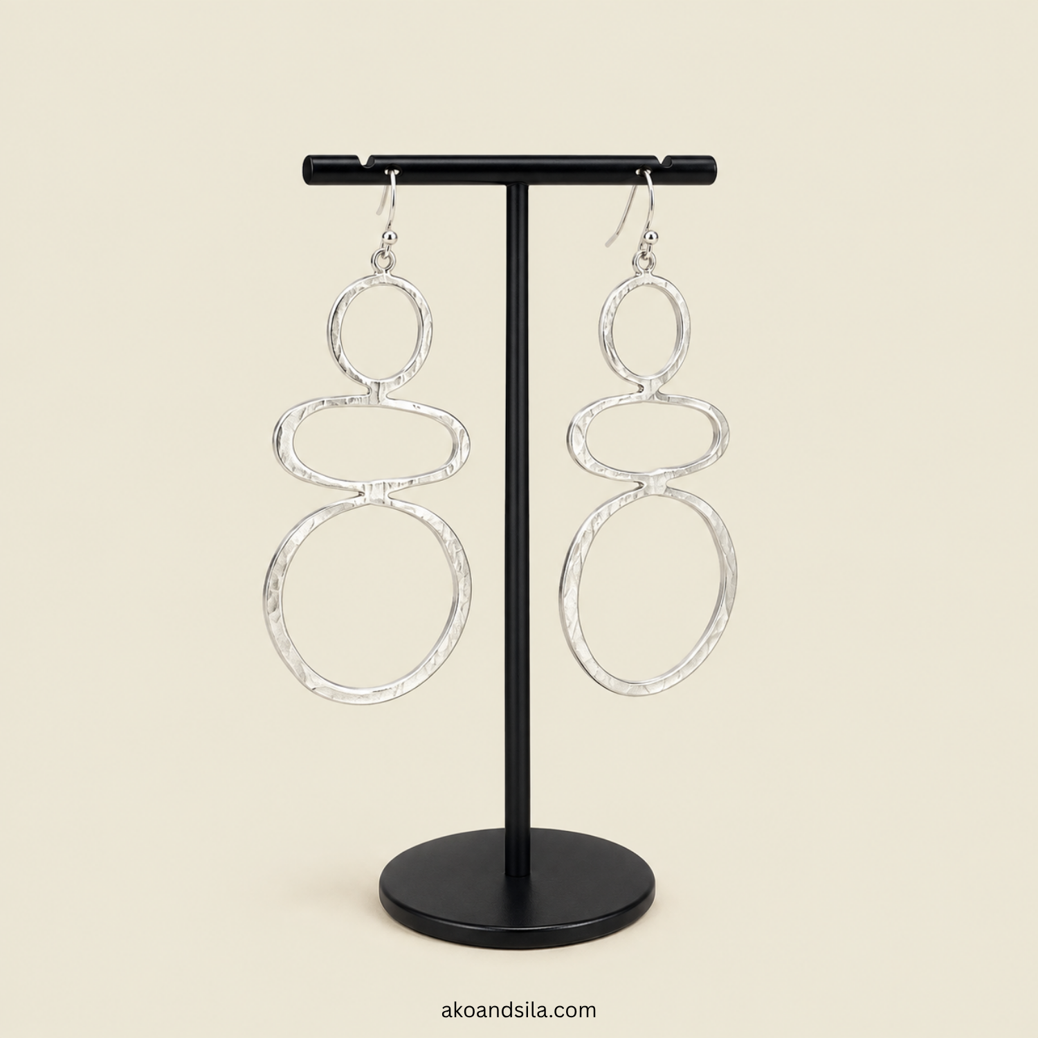 Silver Triple Circle Drop Earrings - Image 4