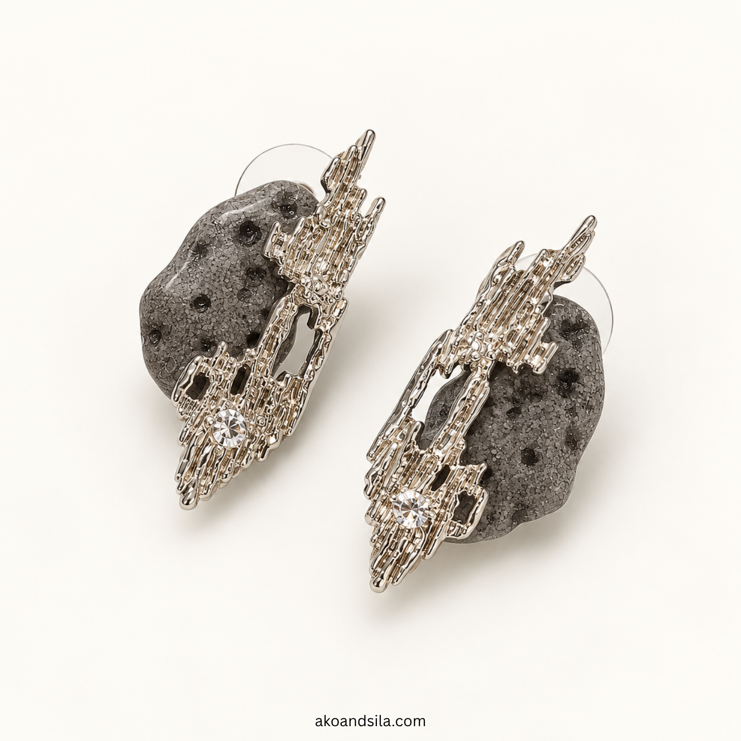 Silver Crystal Texture Stud Earrings - Image 3