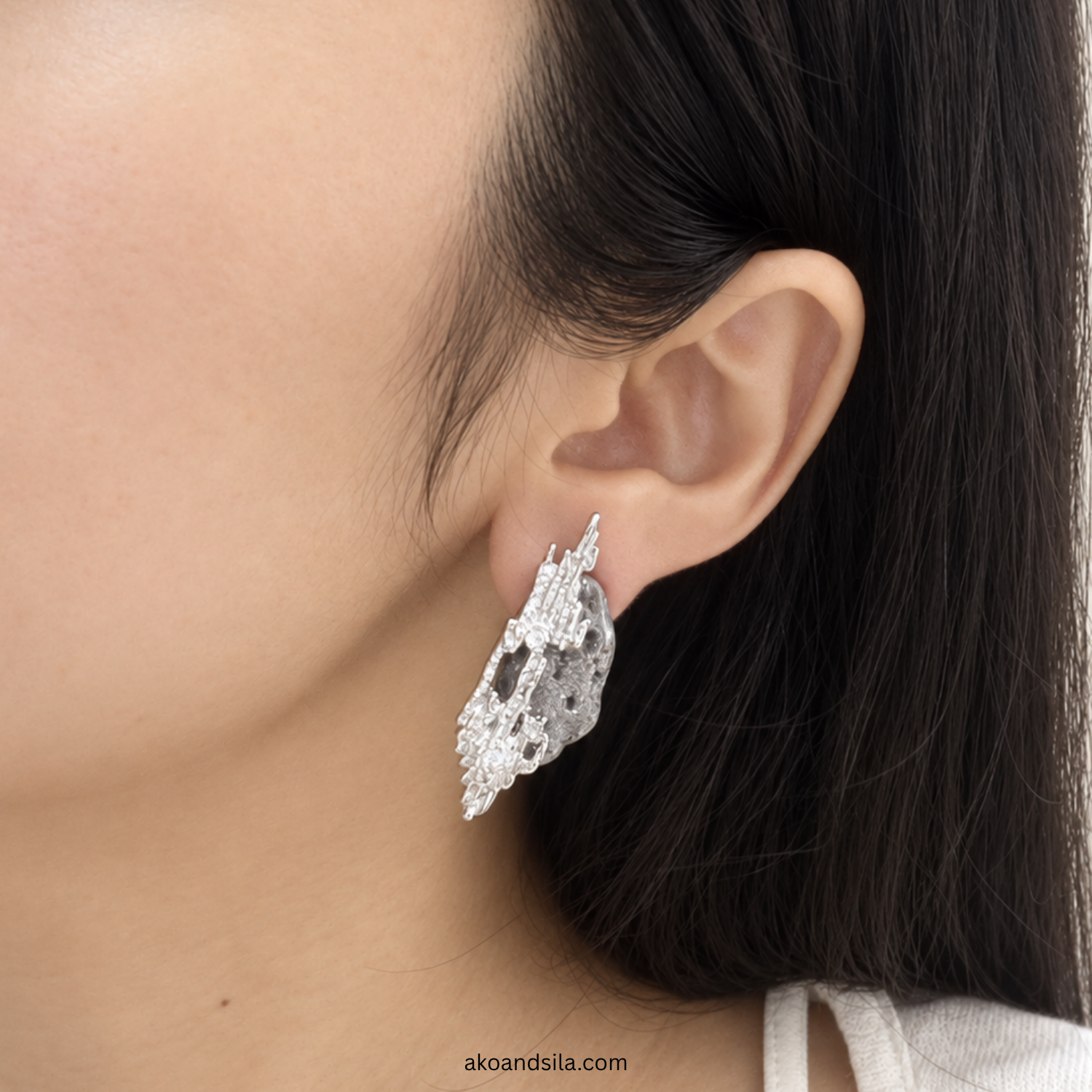 Silver Crystal Texture Stud Earrings - Image 2