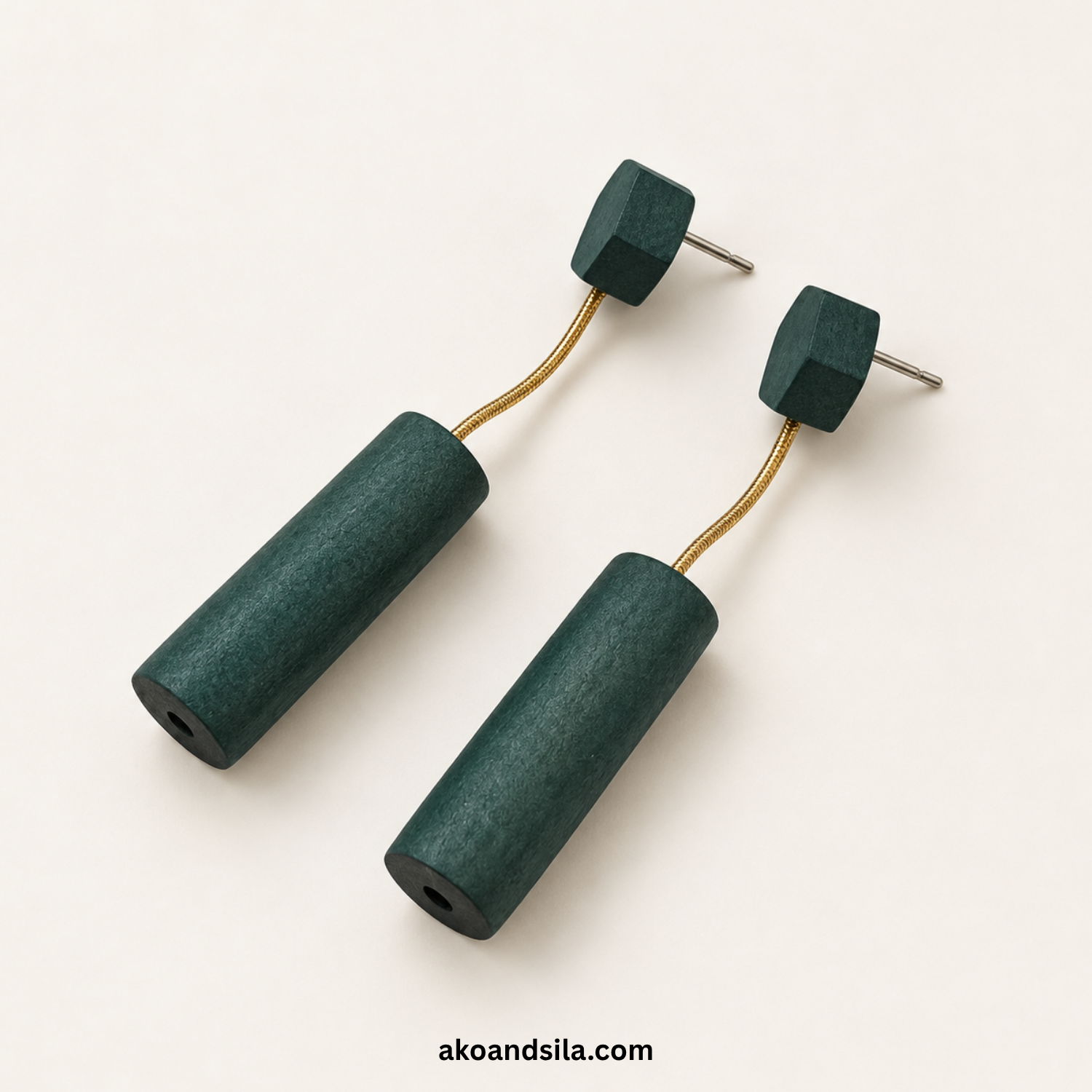 Green Cylinder Wood Earrings - Image 4