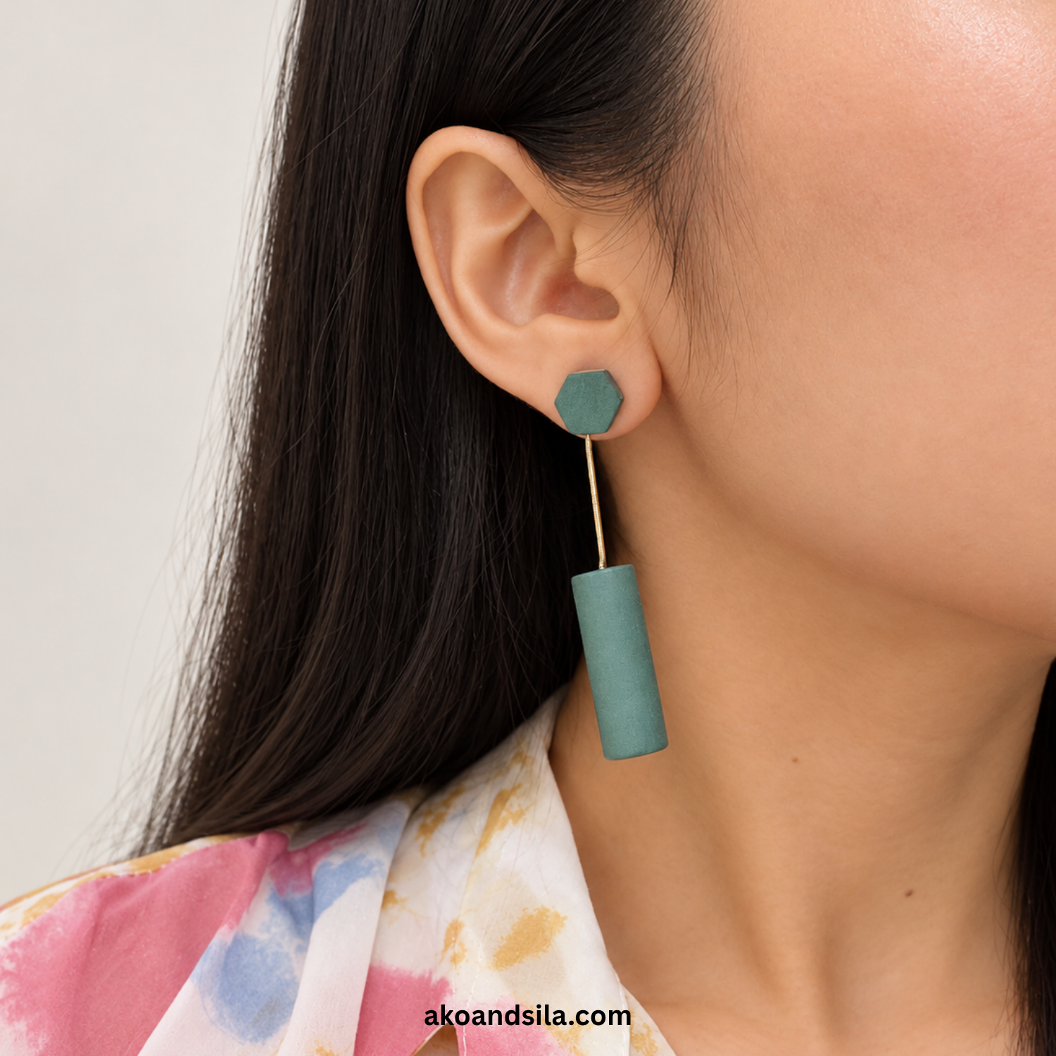 Green Cylinder Wood Earrings - Image 2