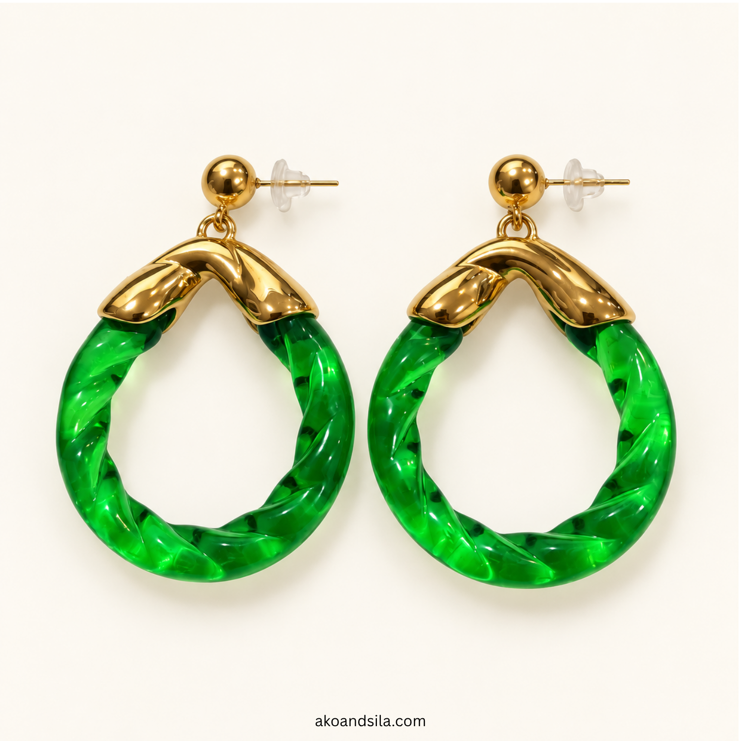Green Hoop Drop Earrings - Image 2