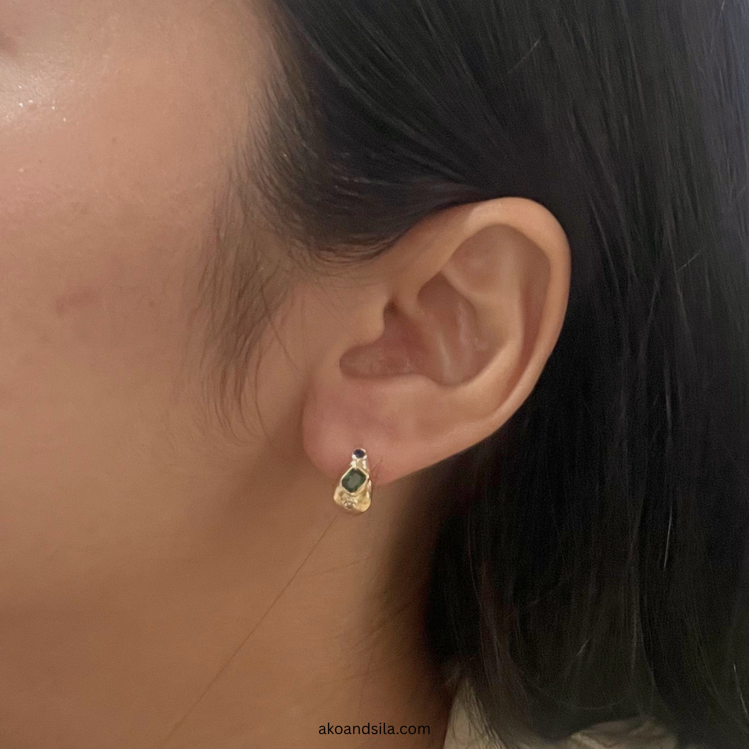 Golden Emerald Accent Huggie Earrings - Image 2