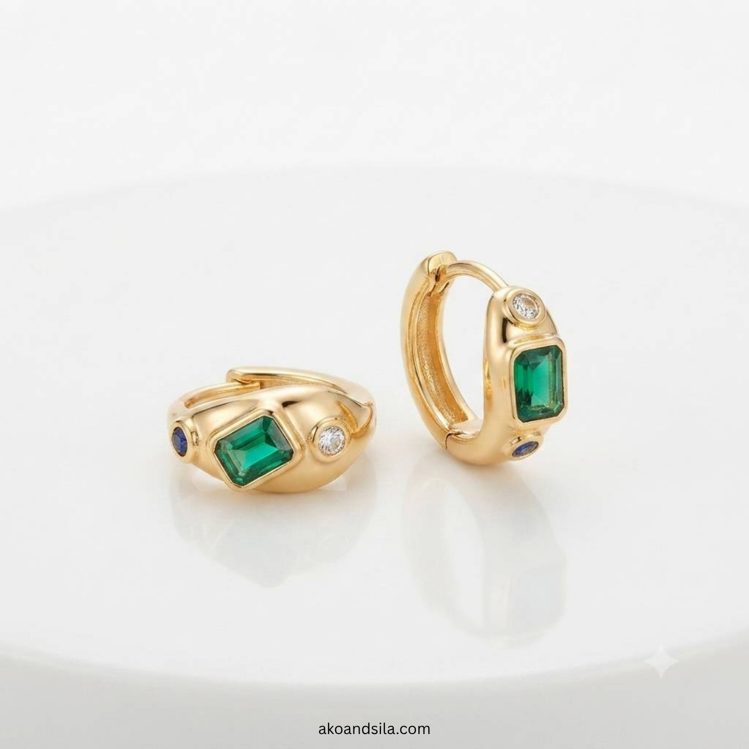 Golden Emerald Accent Huggie Earrings - Image 4