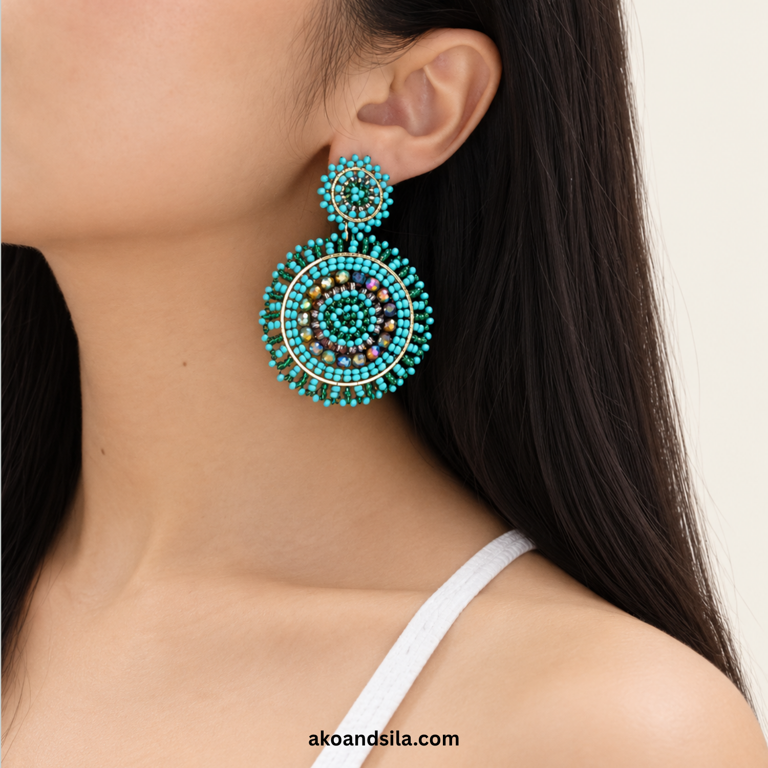 Aqua Metallic Round Beaded Statement Earrings - Image 2