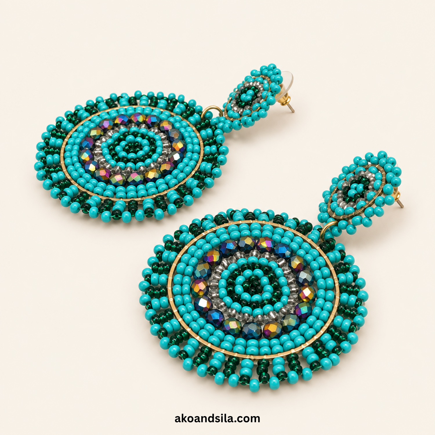 Aqua Metallic Round Beaded Statement Earrings - Image 4