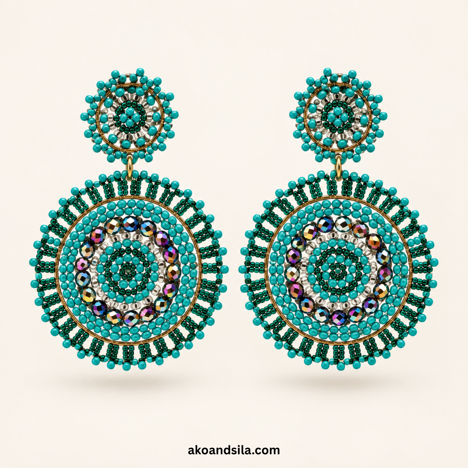 Aqua Metallic Round Beaded Statement Earrings - Image 3