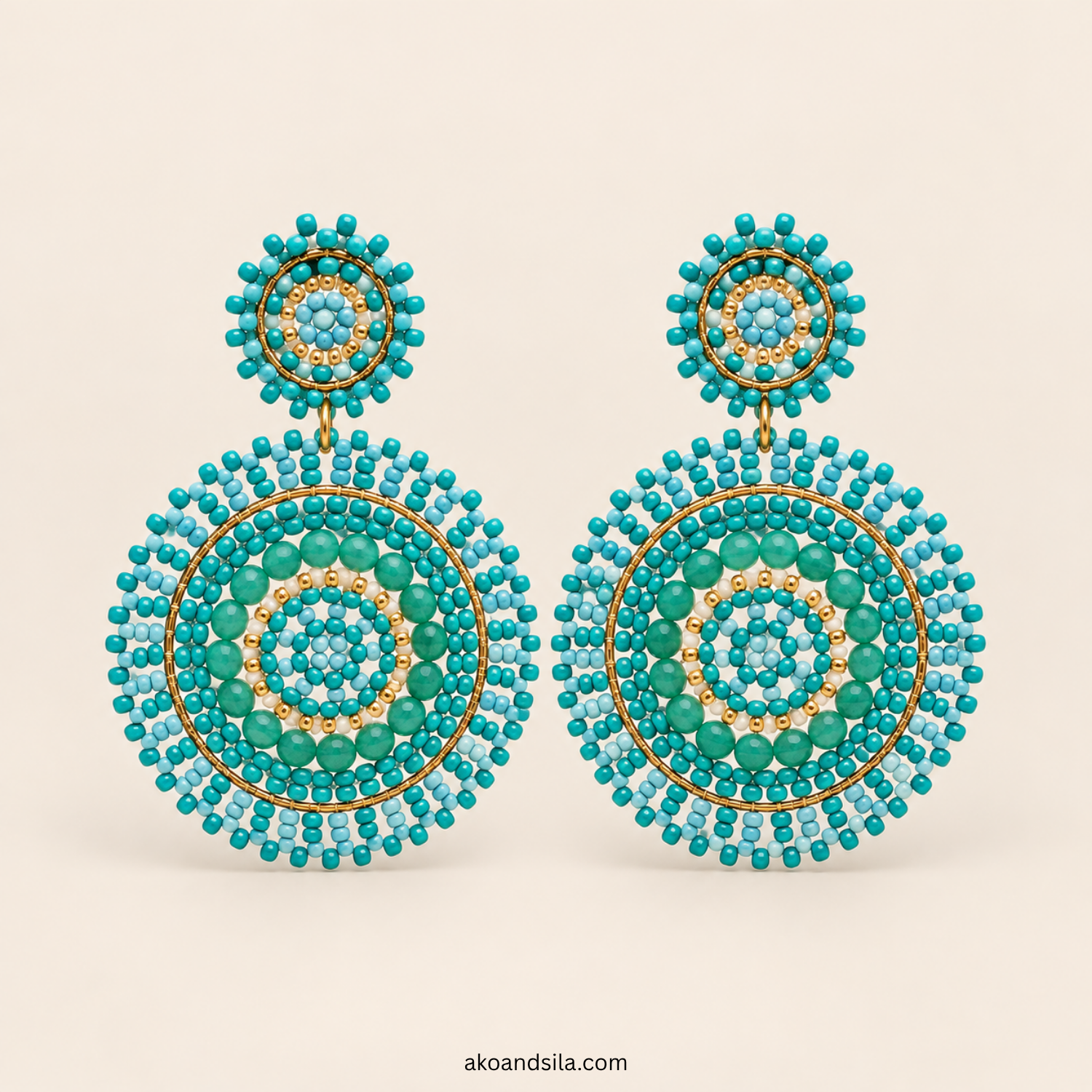 Aqua Blue Round Beaded Statement Earrings - Image 4