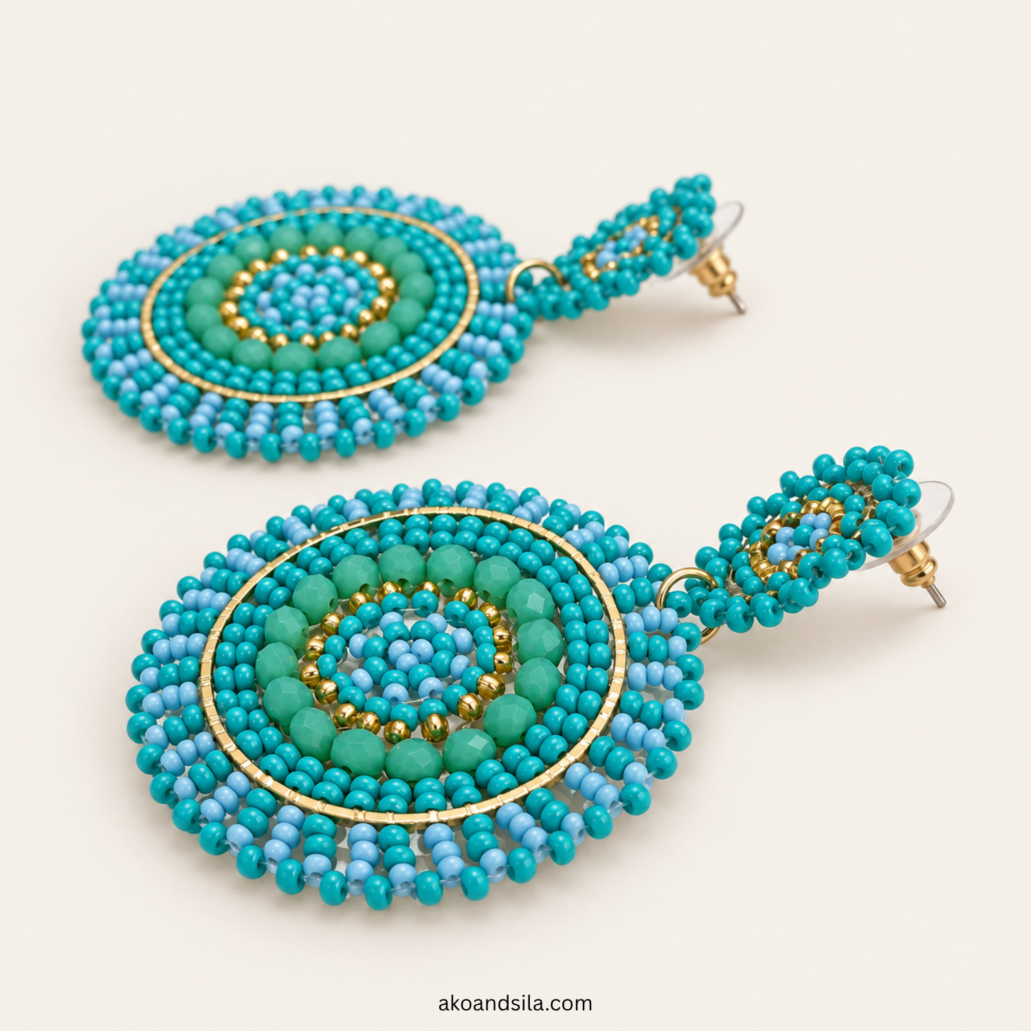 Aqua Blue Round Beaded Statement Earrings - Image 3