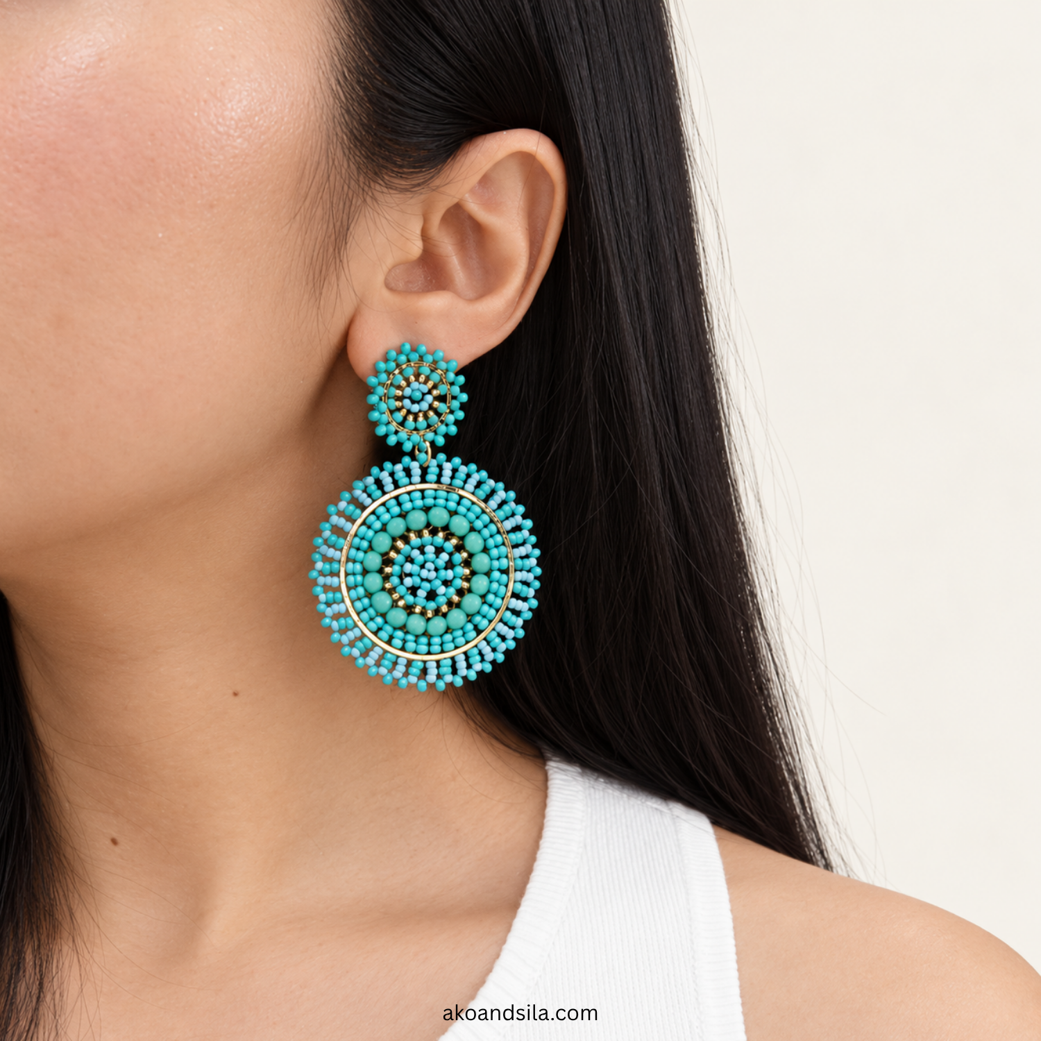Aqua Blue Round Beaded Statement Earrings - Image 2