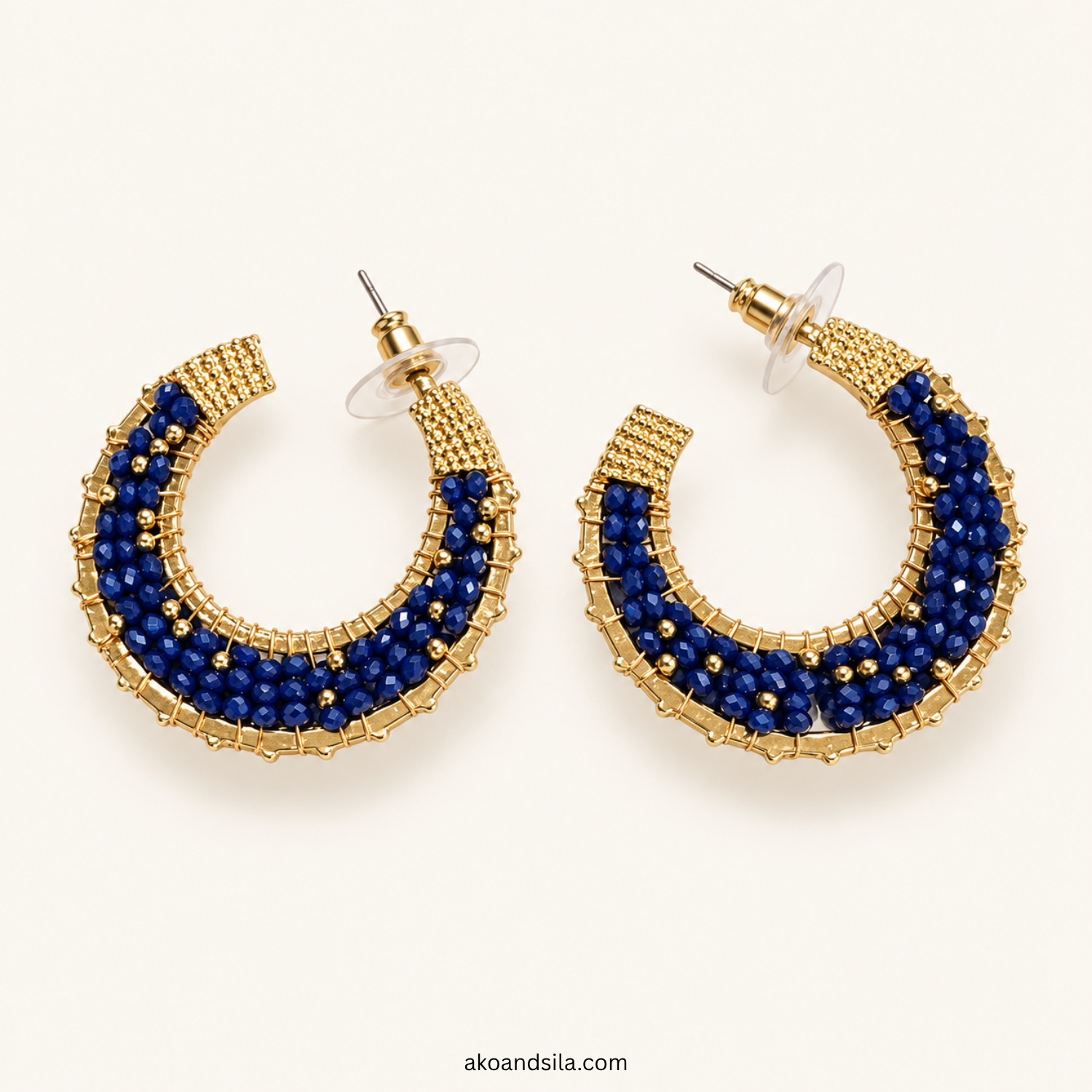 Dark Blue Half Hoop Beaded Earrings - Image 3