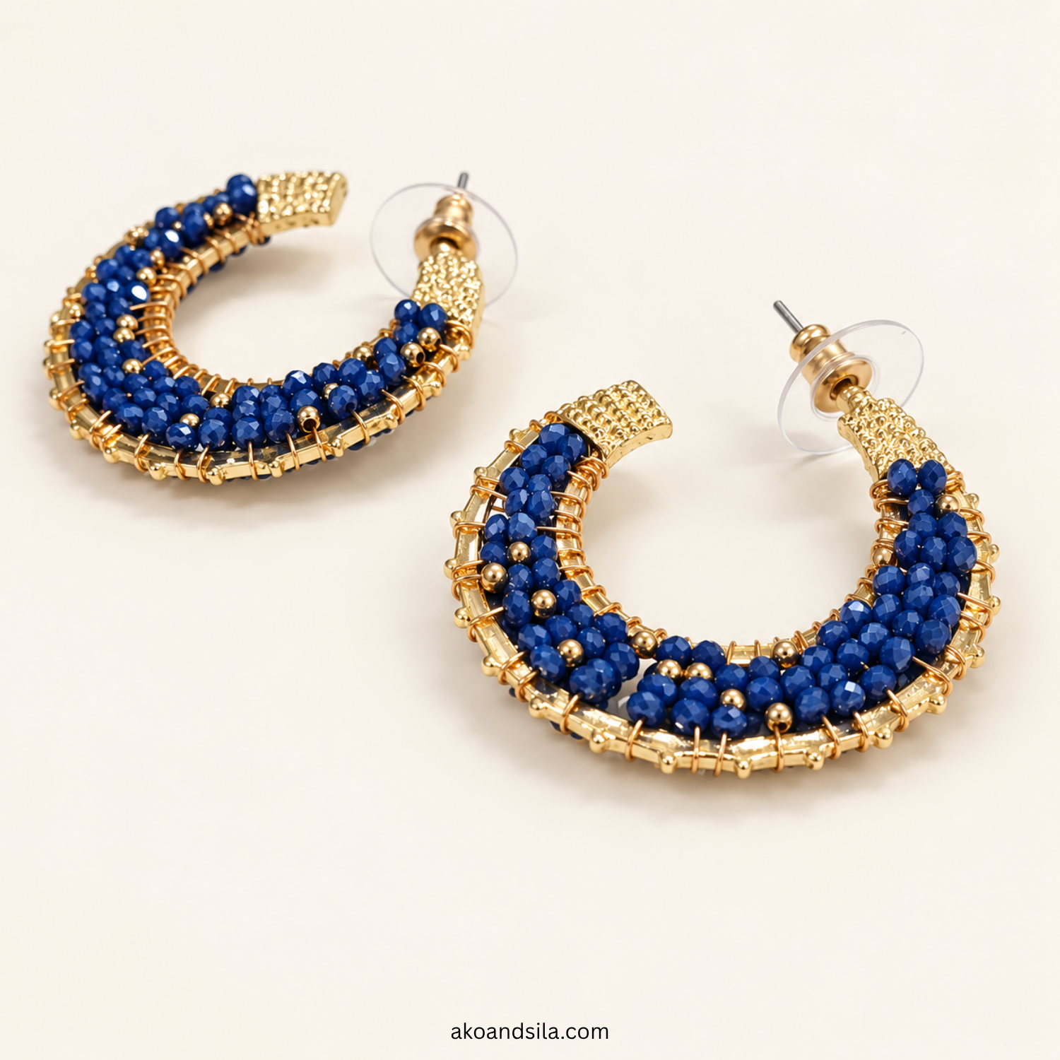 Dark Blue Half Hoop Beaded Earrings - Image 2