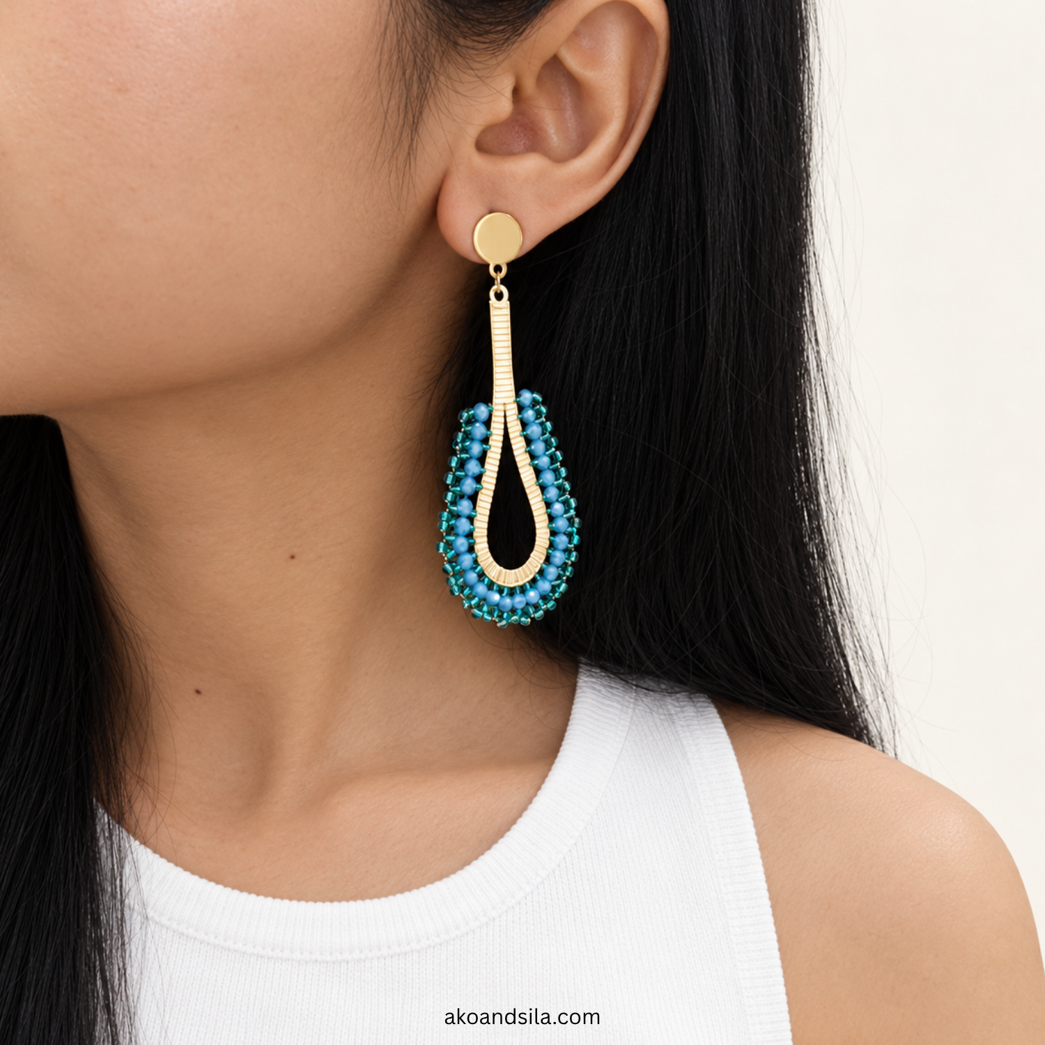 Blue Teardrop Beaded Earrings - Image 2