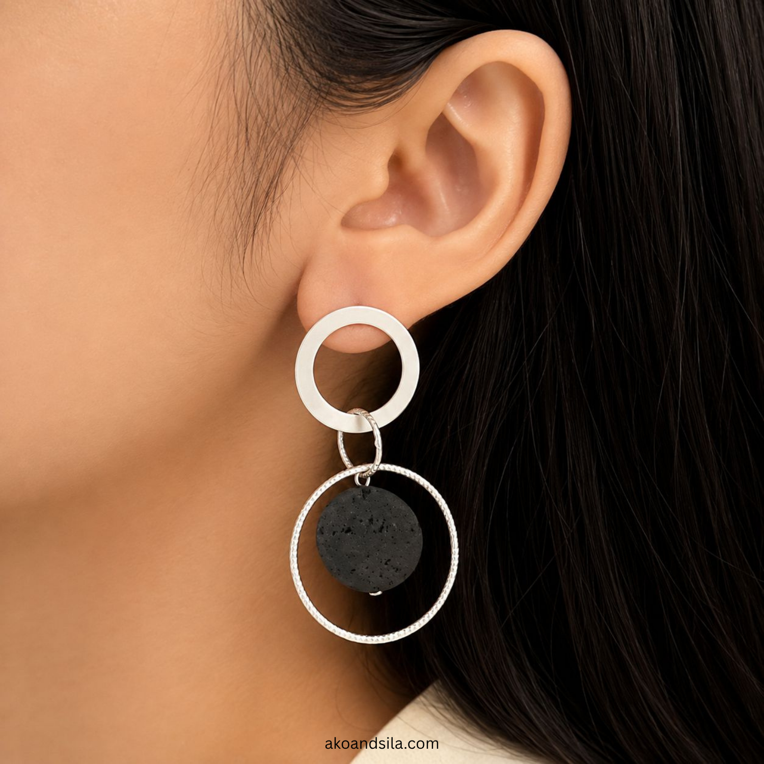 Silver Black Lava Stone Earrings - Image 2